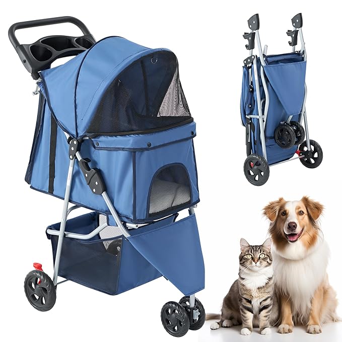 DUMOS 3 Wheels Pet Stroller for Small Dogs and Cats – Foldable Dog Stroller with Mesh Windows, Storage Basket & Cup Holder, Lightweight & Durable Pet Carrier for Travel, Outdoor Use – Blue