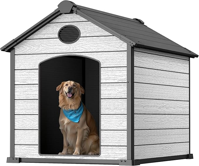 EHHLY 57" Extra Large Dog House Outdoor Weatherproof, 5XL Big Dog House for Large Dog Outside, Insulated Igloo Pet House with Elevated Floor, Extra Durable Resin Plastic, 57Lx47Wx50H, Cemented Grey