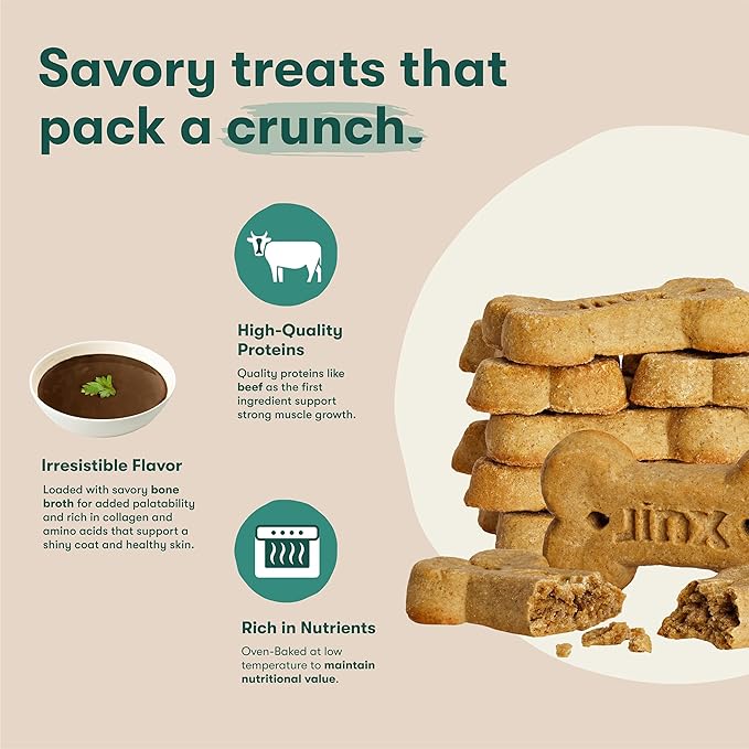 Jinx Oven-Baked Beef Bone Broth Mini Biscuit Dog Treats - Crunchy, All Natural, Superfood-Rich with Grass-Fed Beef, Dog Biscuits for Puppies, Adults & Seniors - 3lb