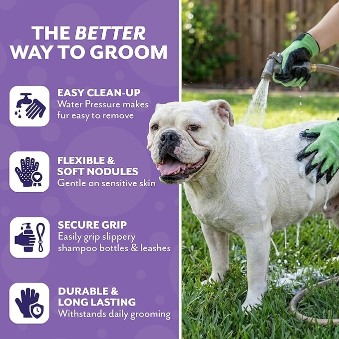 Handson Pet Grooming Gloves - Patented #1 Ranked, Award Winning Shedding, Bathing, Hair Remover Gloves - Gentle Brush for Cats, Dogs, and Horses (Purple, Large)