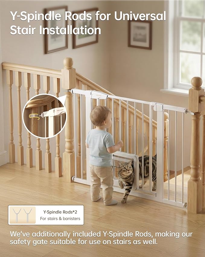 Baby Gate with Cat Door, 29.92-43.7 ” Wide Baby Gate for Stairs, Pressure Mounted Gate No Drill, Auto Close Dog Gate for Doorways, Easy Walk Through Safety Gates with Pet Door, Indoor, White
