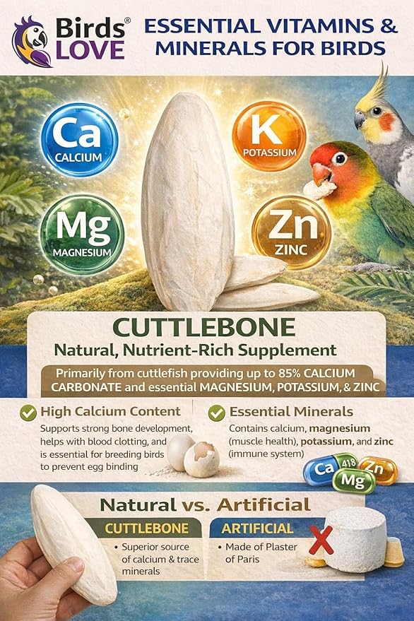 Birds LOVE 3.5-4″ Cuttlebones for Birds – 100% Natural Sun-Dried Calcium & Beak Conditioning Supplement for Parakeets, Budgies, Cockatiels, Finches & Canaries – 2 Pack with Holder – Made in Vietnam
