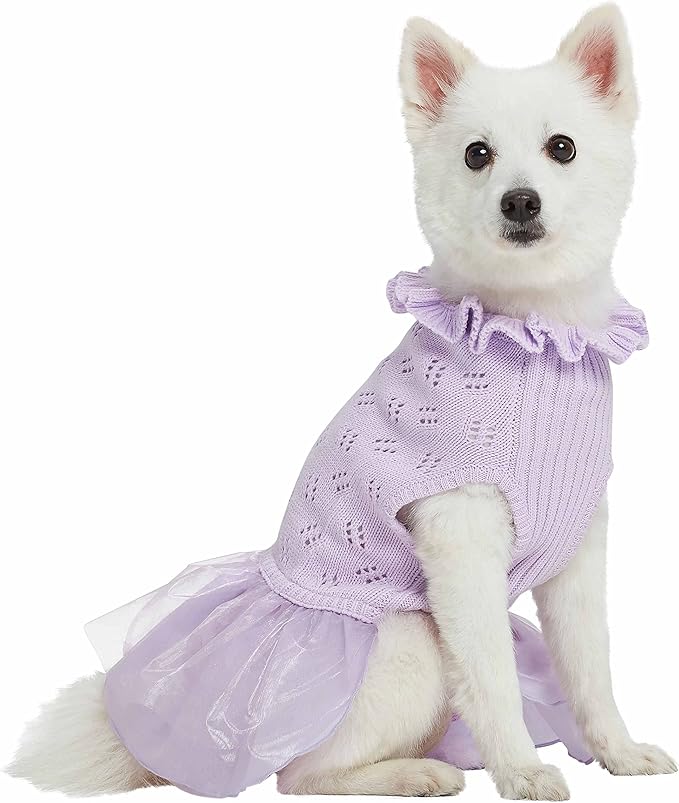 Blueberry Pet My Cutie Princess Ruffle Collar Dog Sweater Dress with Layered Tulle, Light Lavender, Back Length 14", Fall Winter Clothes for Girl Dogs