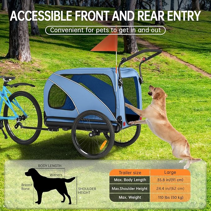 Sepnine Dog Bike Trailer, Supports up to 110 lbs, 2-in-1 Pet Stroller Cart Bicycle Carrier, Easy Folding Cart Frame with Quick Release Wheels, Universal Bicycle Coupler, Non-Slip Floor, Internal Leash