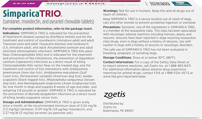 Simparica Trio (sarolaner, moxidectin, and pyrantel chewable Tablets) Chewables for Dogs, 6 mg/tab, 5.6-11 lbs, (Purple), 6 Tablets