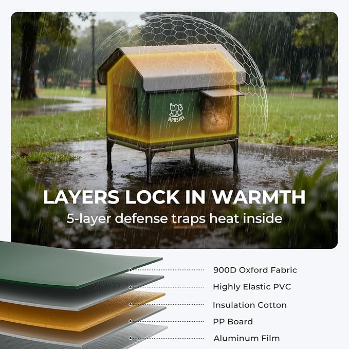 Apasiri Heated Cat House Weatherproof - Insulated Outdoor Cat Shelter with Thermostatic Heating Pad, Water Resistant 900D Oxford Feral Cat House with Anti-Peep Curtains Escape Door for Winter, Medium