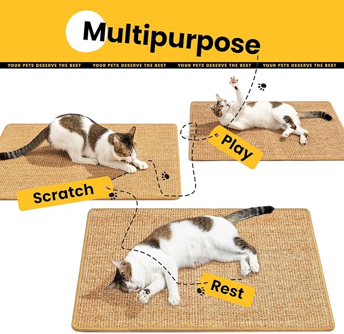 Cat Scratcher Mat,Sisal Cat Scratch Pad with Hook&Loop Tape,Wall Floor Kitten Scratching Pads Rug for Indoor,Furniture Protector for Couch&Carpets&Sofas,Kitty Bithday Gifts,Large,Brown,2 Pack