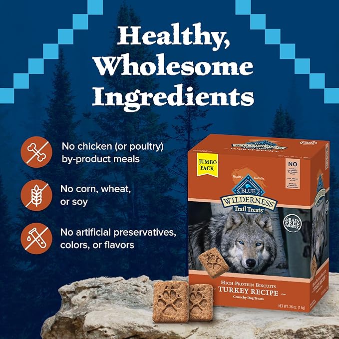 Blue Buffalo Wilderness Trail Treats Crunchy Dog Biscuits Grain-Free and High-Protein Dog Treats, Turkey Recipe 36-oz Box