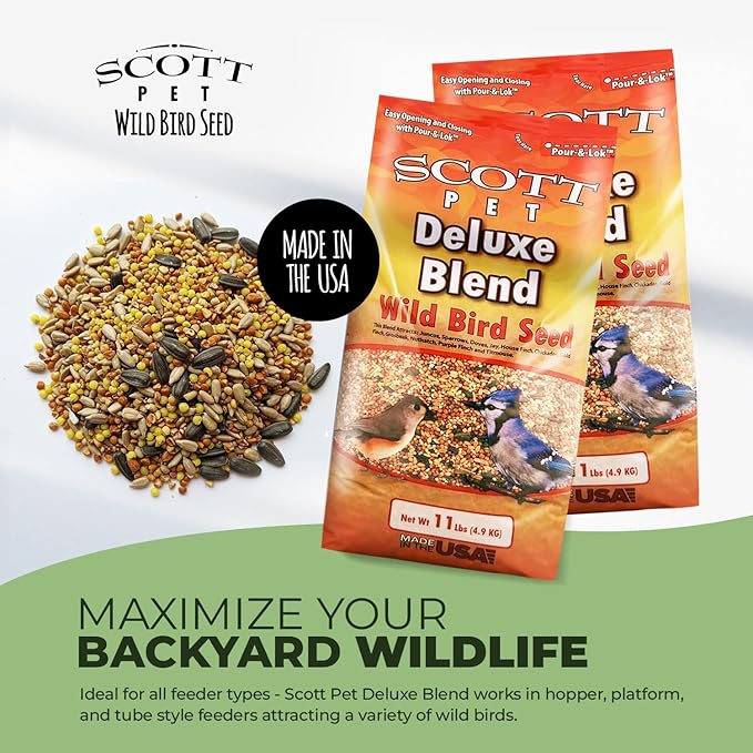 Scott Pet Wild Bird Seed, Deluxe Blend, 11 lbs Bag, No Dust, No Corn Mix, Feed, Great for All Feeder Types, Food for Outside Wild Birds