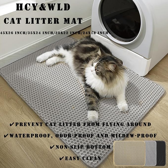 HCY&WLD Cat Litter Mat, 45x26/35x24/30x22/24x18 Inch Double Layer Cat Litter Box Mat, EVA Non-Slip, Waterproof Urine Proof Cat Litter Catcher Mat, Easy Clean Scatter Control (24x18 Inch, Black)
