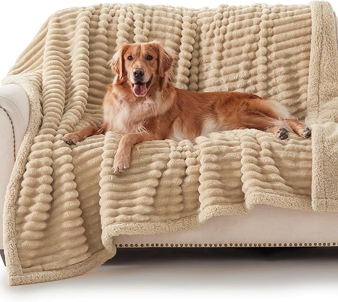 Waterproof Dog Blanket for Large Dogs, Washable Soft Puppy Cat Blanket Flannel Cotton Velour for Sofa Couch Protector, Comfort & Security Reversible Bed Protection for Pet, 50"X60", Khaki