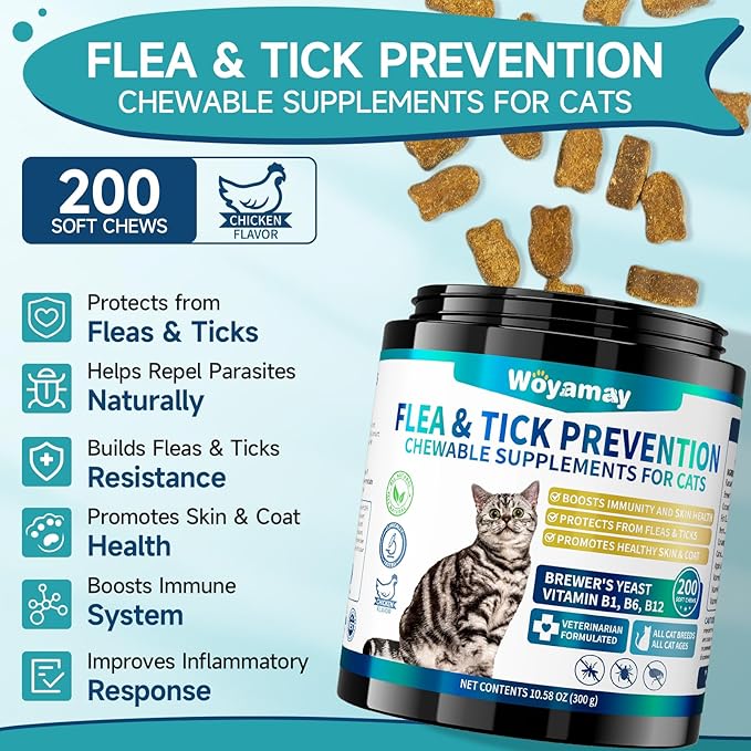 Natural Flea & Tick Prevention Bundle for Cats & Dogs, 200 Chews + Drops 4-in-1 Herbal Drops, Supports Skin, Coat, Digestion & Immunity, Gentle Daily Flea Treatment for Multi-Pet Homes