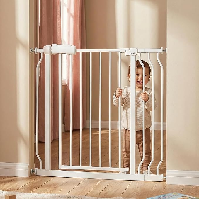 Walk Through Baby & Dog Gate 29-38.5 Inch, Pressure Mounted No Drilling, Adjustable Indoor Safety Gate for Stairs & Doorways - Metal Design for Kids and Pets, White