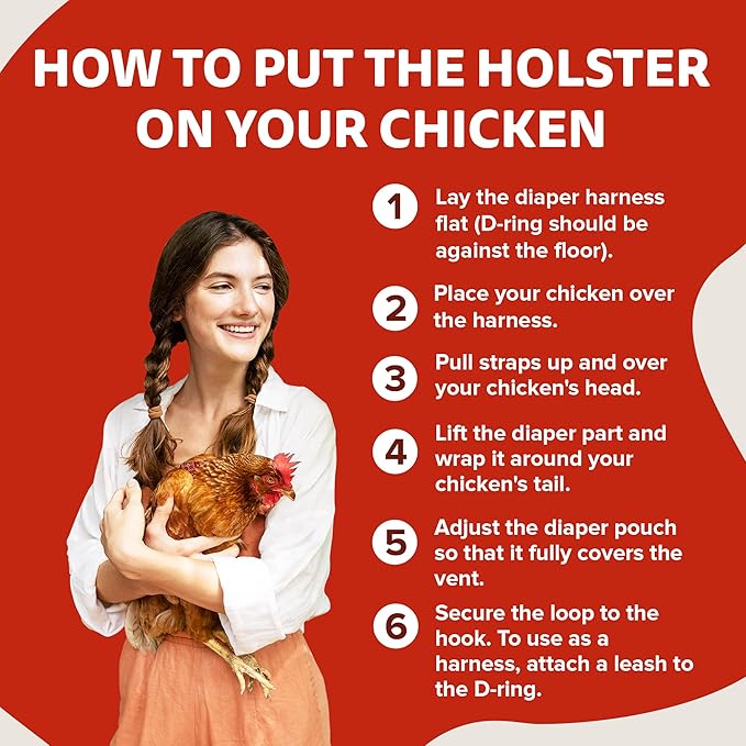 Hen Holster Bird Diaper, Wrap Around - for Hens, Roosters, Ducks, Leak-Proof Design, Comfortable Fleece Strap Bird Harness with Sewn-in Liner, Secure Hook & Loop Closure - Large, Red Bandana