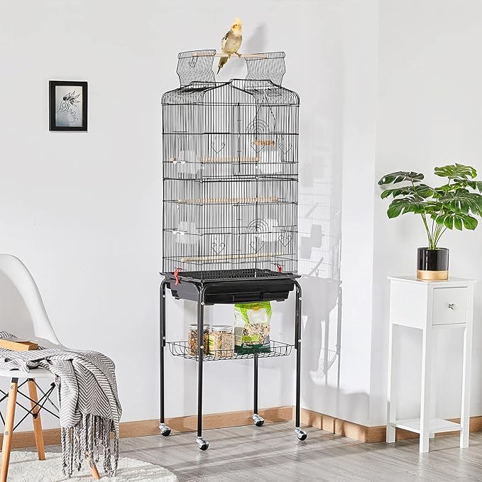 Yaheetech 64'' Bird Cage, Open Top Parakeet Cage w/Slide-Out Tray, Feeders, Detachable Rolling Stand, Bird Cages for Parrot, Cockatiel, Budgie, Parakeets, Lovebird, Small Medium Birds