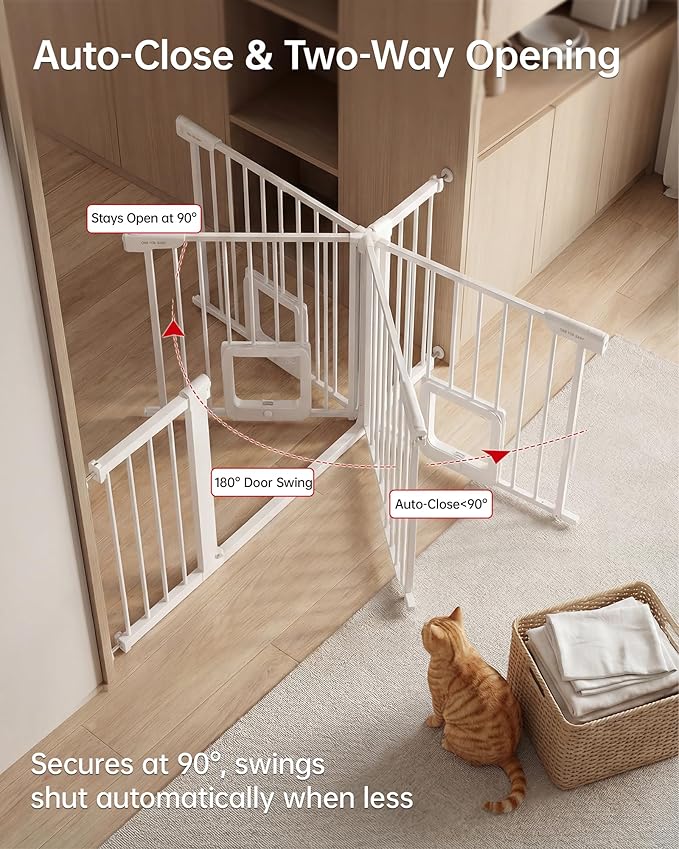 Baby Gate with Cat Door, 29.92-48 ” Wide Baby Gate for Stairs, Pressure Mounted Gate No Drill, Auto Close Dog Gate for Doorways, Easy Walk Through Safety Gates with Pet Door, Indoor, White