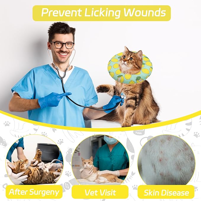 Cat Cone Collar Soft, Adjustable Cat Recovery Collars to Prevent Licking, Cute Donut E Collar After Surgery, Wound Healing Elizabethan Collar for Kittens(Green Lemon, Large)