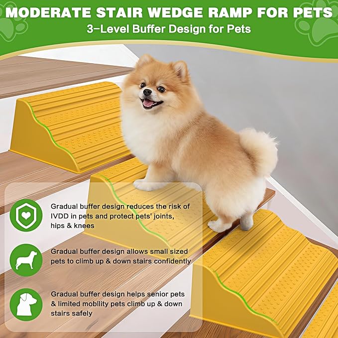 Moderate 3-Step Stair Ramp for Aged & Injured Pets, Lightweight Pet Ramp with Non-Slip Surface for Small Size Dogs Cats, Dog Wedge Ramp for Stairs/Staircases(120LBs Loading, 4PCS)