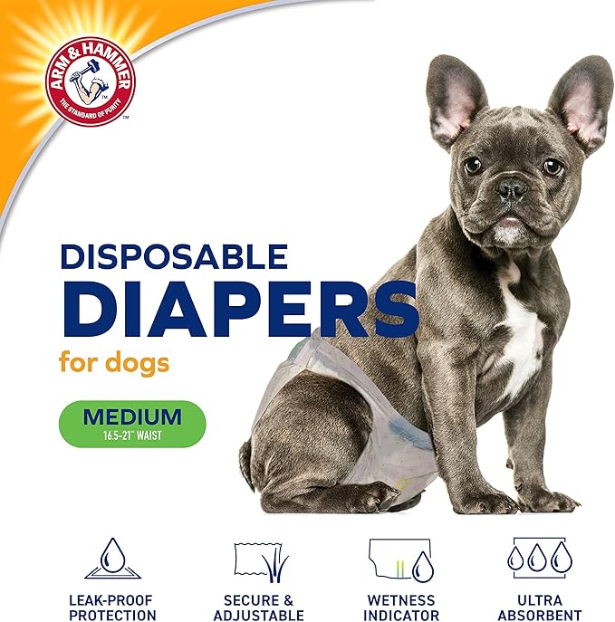 Arm & Hammer for Pets Disposable Female Dog Diapers with Odor Control and Wetness Indicator, Leak Resistant Dog Diapers for Incontinence and Heat Cycles, Size Medium 16.5–21 in Waist, 12 Count - 6 Pk