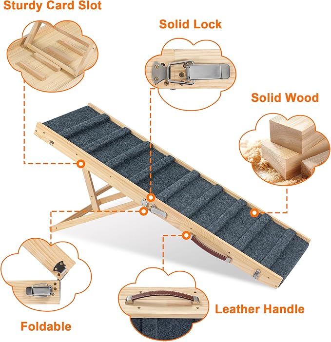 Clikuutory 2025 Upgraded Dog Ramp for Couch, 47.2" Foldable Small Dog Ramp for Bed, 4 Adjustable Height from 14" to 26", Portable Stable Pet Steps with Anti-Slip Carpet for Low Bed Couch Stairs, Wood