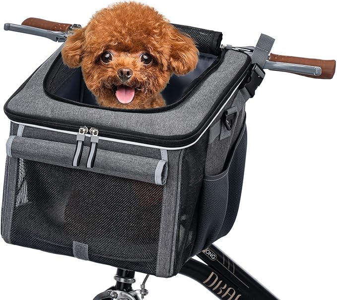 Dog Bike Basket, Soft-Sided Dog Bike Carrier with 4 Mesh Windows for Small Dog Cat Puppies - Grey