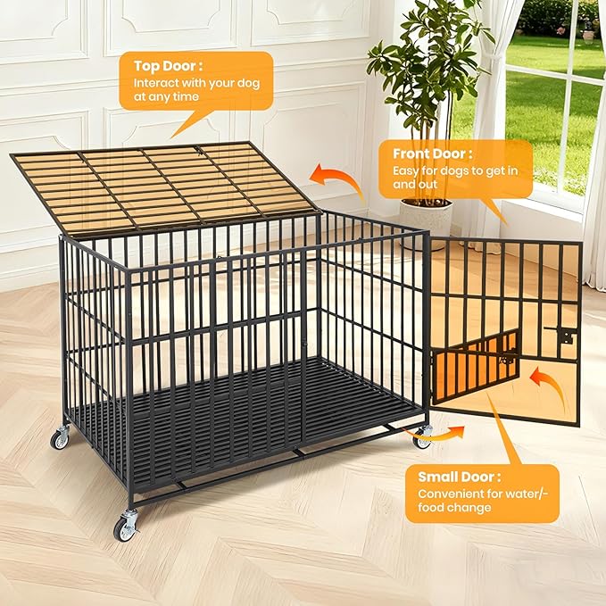 49 Inch Heavy Duty Dog Crate with Wheels, Escape Proof Metal Kennel with 3 Doors & Removable Tray for Large Medium Dogs, Black