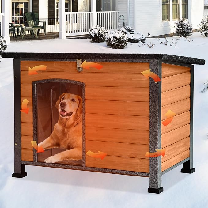 GUTINNEEN Large Outdoor Insulated Dog House Weatherproof Dog Kennel Indestructible Dog Shelter with Chew-Proof Full Metal Frame, Openable Roof for Small to Large Dog Breeds (33.5"L x 22"W x 25.2"H)