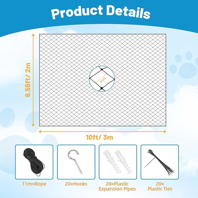 Lewondr Cat Netting Balcony, 10x6.5ft Steel Wire Reinforced Balcony Screen for Pets, Anti-Fall Pet Mesh Fence Cat Safety Net for Balcony, Window, Stair, Patio