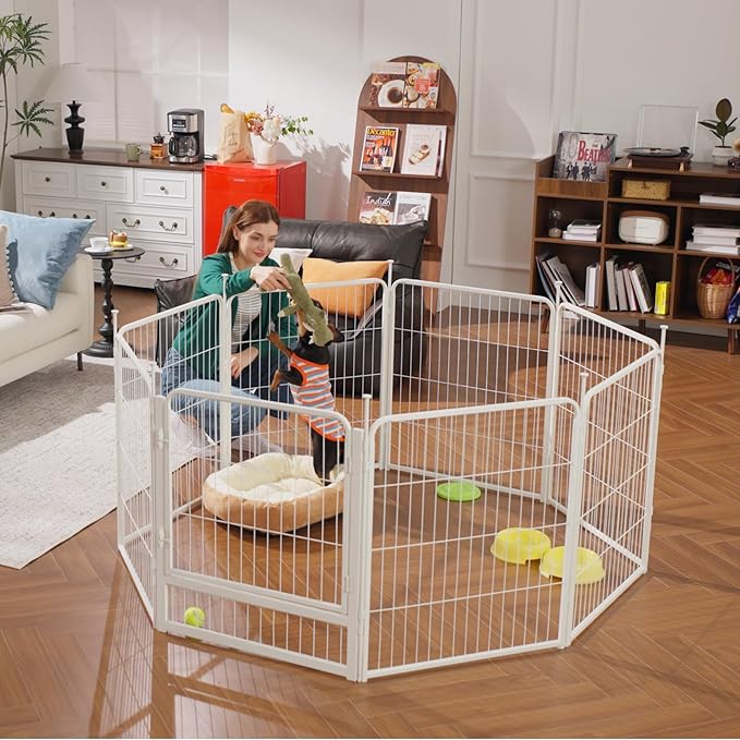 SunsGrove Dog Play Pen Indoors, 24 Inch 8 Panels Dog Playpen for Small and Puppy Dogs, Easy Setup Anti-Rust Pet Fence, White