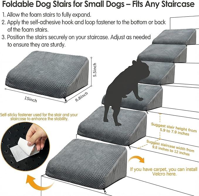 3-Pack Dog Ramp for Stairs, 40D Dog Stairs for Small Dogs with Gentle Slope, Pet Steps for Staircase Stairs, Steps and Stairs Assist for Injured & Aged Pets with Self-Sticky Pads to Fix