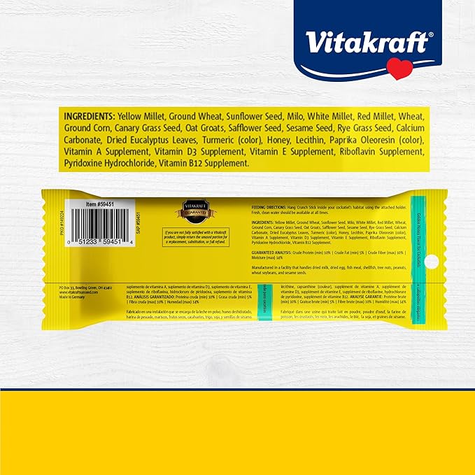 Vitakraft Crunch Sticks Golden Honey Flavor Bird Treat for Cockatiels (2 Sticks), 3.5 oz (Pack of 2)