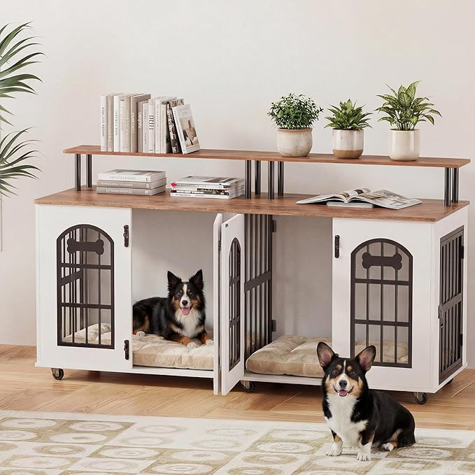 Petrova 63" Dog Crate Furniture for 2 Dogs, Heavy Duty Indoor Dog Kennel for Medium/Large Dogs, Wooden Dog Cage with Removable Divider, 6 Lockable Wheels, Storage Compartment, White