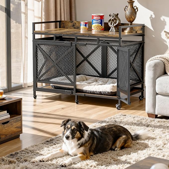 48 Inch Extra Large Furniture Dog Crate | COZPAW Heavy Duty Wooden Indoor Dog Kennel with Caster Wheels | Decorative Pet House End Table | Caramel Brown