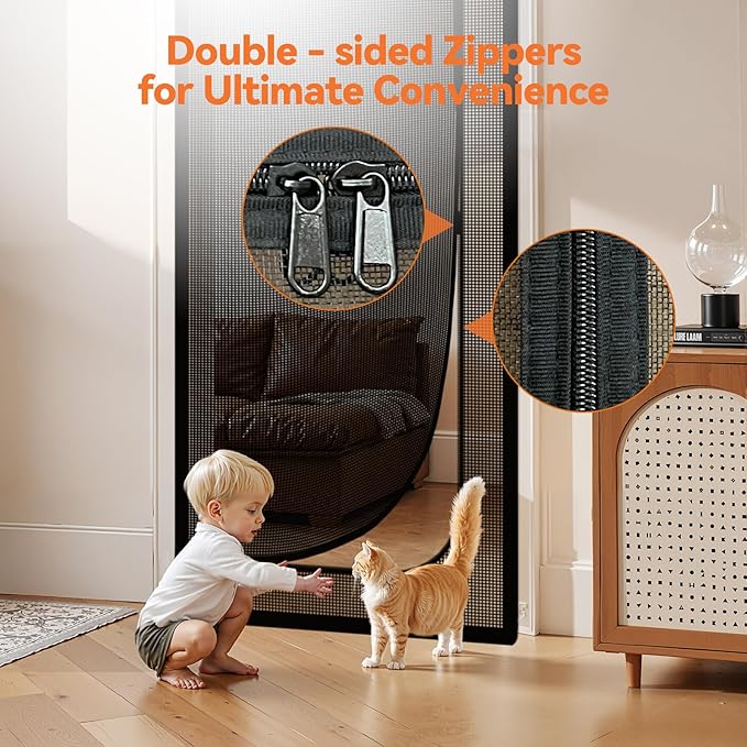 BFNN Cat Screen Door, Extra Tall Cat-Proof Mesh Gate, Fit Door Size 38'' x 82'', Anti Scratch Mesh with Zipper Closure, for Living Room, Kitchen, Bedroom (Black)