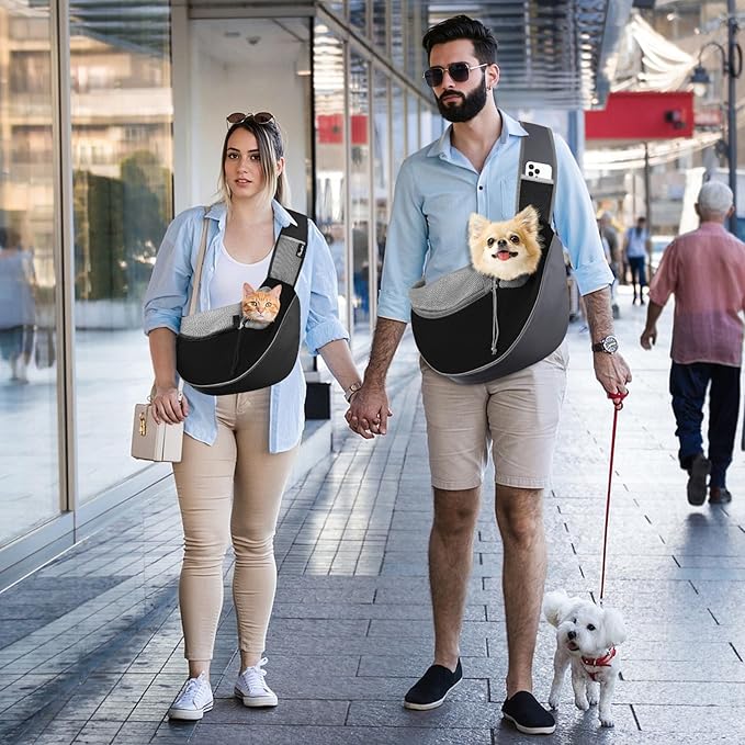 Pawaboo Pet Dog Sling Carrier, Hand Free Drawstring Dog Papoose with Adjustable Strap, Breathable Mesh Bag for Puppy Cat, Crossbody Satchel Dogs Purse with Pocket for Outdoor, Dark Gray+Black, Large