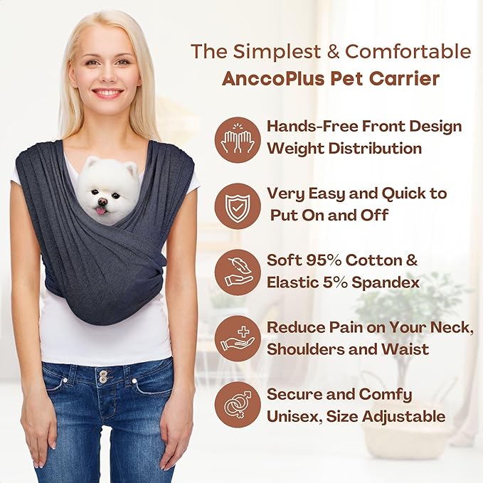Dog Carrier for Small Dogs, Front Facing Dog Carrier Sling, Hands Free Cat Sling, Size Adjustable, Reducing Back Pain, Soft Cotton, Premium Dog Sling Carrier (Regular, Charcoal Black)