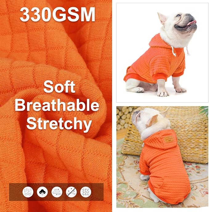 BEAUTYZOO Small Dog Hoodie Sweater with Pockets, Dog Clothes for Small Medium Dogs Boy Girl, Waffle-Like Laminated Cotton Pet Coats with Hat and Leash Hole, Orange XS