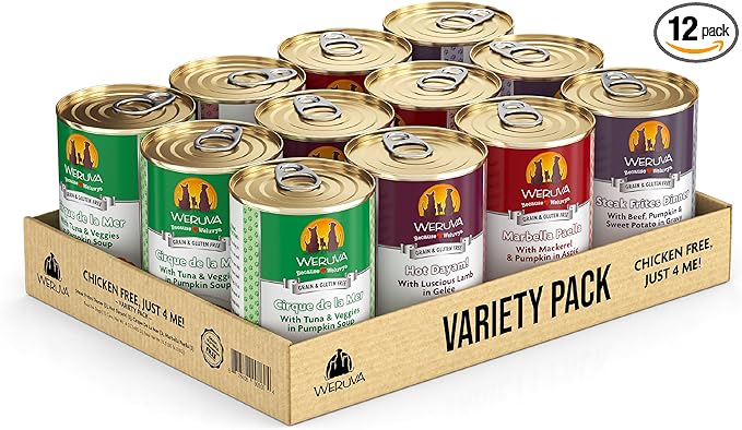 Weruva Classic Dog Food, Variety Pack, Chicken Free, Just 4 Me, Wet Dog Food, 14oz Cans (Pack of 12)