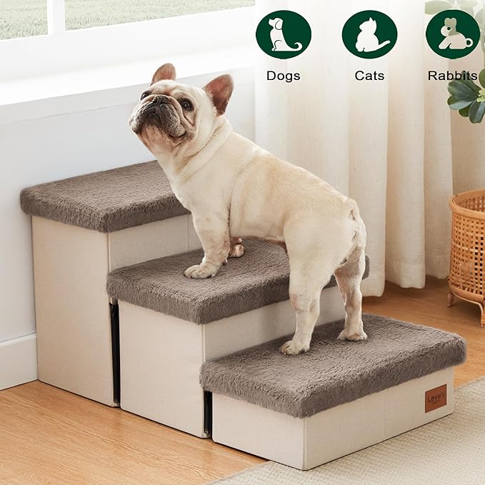 Love's cabin Dog Stairs for High Bed 18" H, 3 Steps with Furry Lids Pet Stairs for Small Medium Large Dogs, Foldable Cat Ramp with Zip up to 200 lbs, Brown