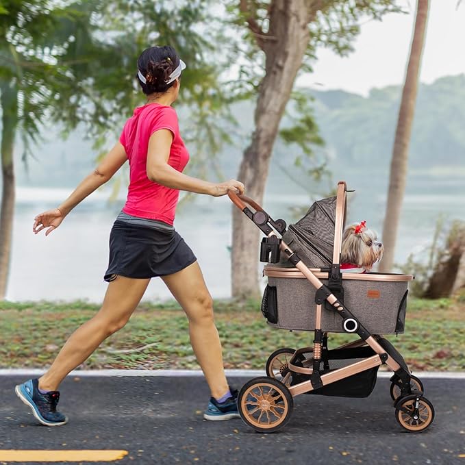 Pet Stroller for Medium Dogs, Smooth-Ride Dog Stroller with Detachable Carrier, Rubber Wheels, Car Seat Combo 3-in-1, Up to 50 lbs, for Senior Dogs & Cats, Tan