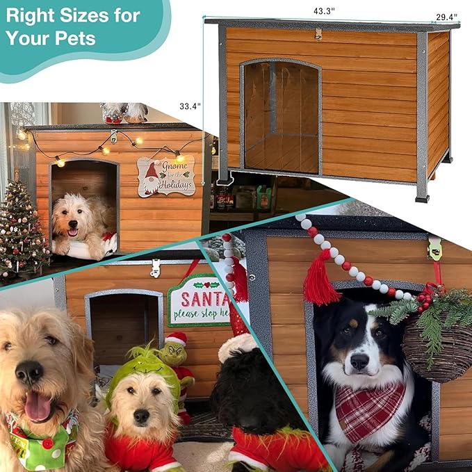 Feral Dog Heated House Outdoor,Anti Bite Iron Frame Dog Kennel,Wood Warm Pets Home,Insulated Weatherproof Outside Shelter for Feral Animal (43.3" (L) x 29.4" (W) x 33.4" (H)-Brown-in)