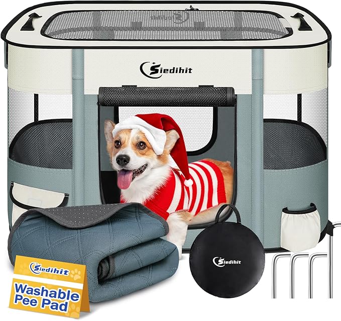 Dog Playpen,Cat Pet Puppy Pen,Portable Playpens for Dogs Indoor Outdoor Travel Camping Use,Foldable Dog Kennel Tent Crate for Rabbit Small Animals with Carrying Case (Grey with Pad, Large)
