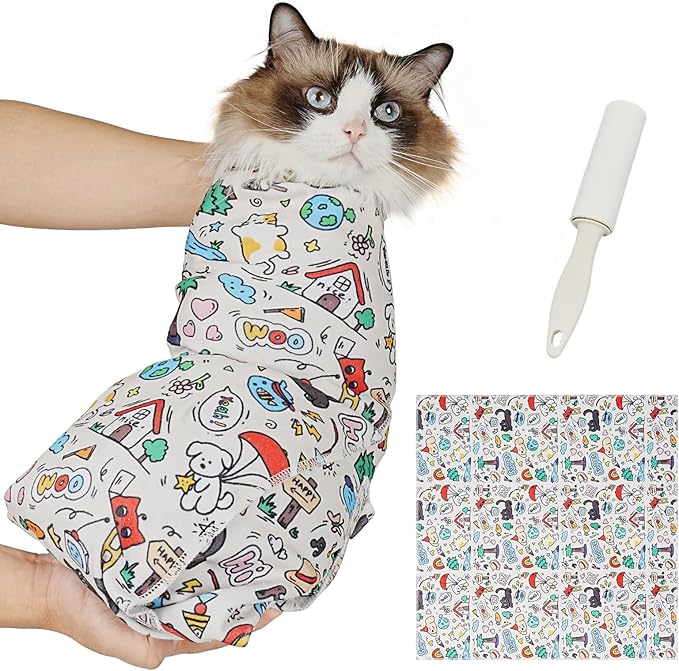 Supet Cat Grooming Wrap for Cutting Nails, 2026 Self-Adherent Anti-Escape Calming Cat Swaddle Wrap for Medicine, Nail Clipping, Teeth Brushing, Ear Cleaning (Cartoon, M)