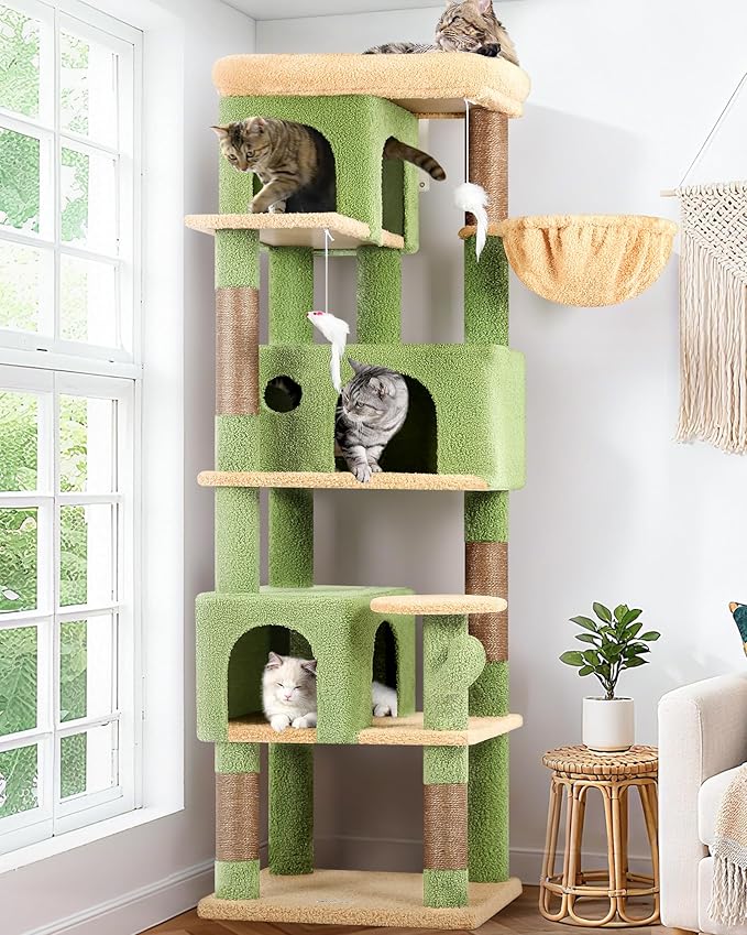 Globlazer Corner Cactus Cat Tree 66 inch Multi-Level Cactus Climbing Tower Kitty Condos Cat Scratching Tower for Indoor Multiple Cats with Large Platform, 3 Cat Caves, F66, Green