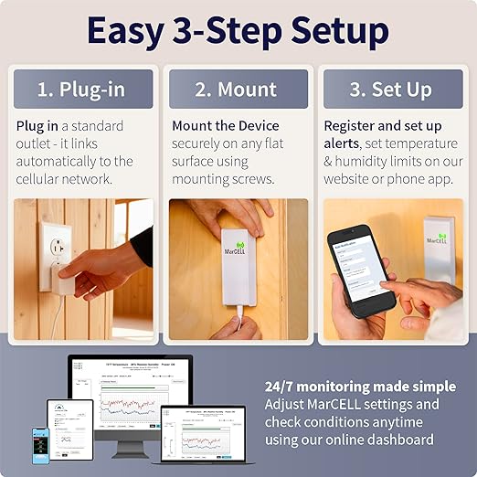 MarCELL Home/Cottage Watch Bundle (Verizon) - Vacation Home Temperature Monitor, Humidity & Power Monitor - Made in The USA with Included Water Leak Detectors (sPucks) - 24/7 Instant Alerts