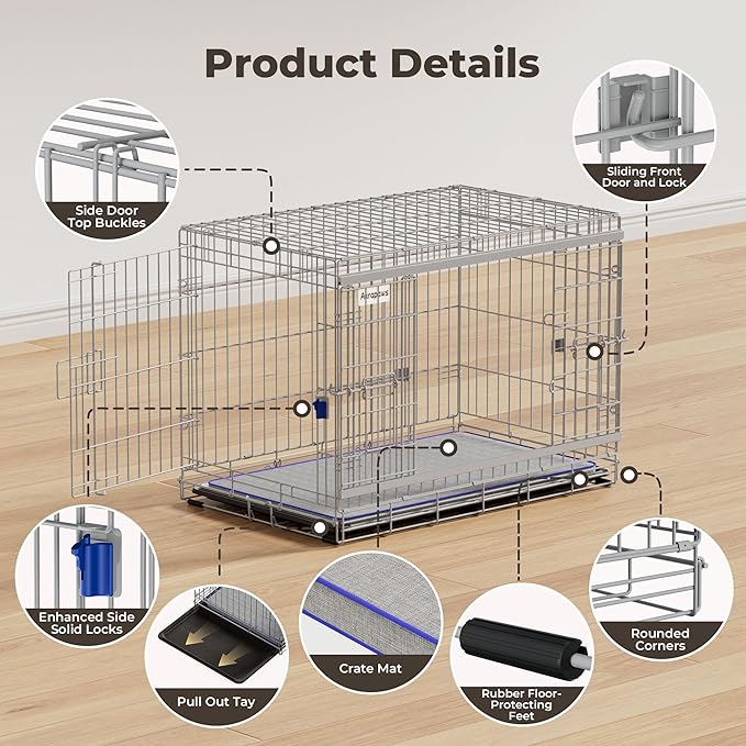42 Inch Sliding Door Dog Crate - Heavy Duty Collapsible Dog Crates for Large Dogs (70-100lbs), Double Door Metal Dog Kennel Cage with Soft Mat, Leak-Proof Tray, Easy Foldable & Assembly