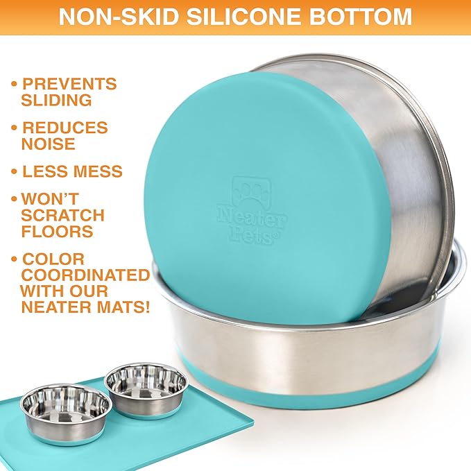 Neater Pet Brands Stainless Steel Dog Bowls with Non-Slip Rubber Bottom – 2 Cup (16 oz), Teal - Set of 2 Heavy Duty Metal Dog Bowls, Dishwasher Safe, Food or Water Bowl, Ideal for Small Dogs & Cats