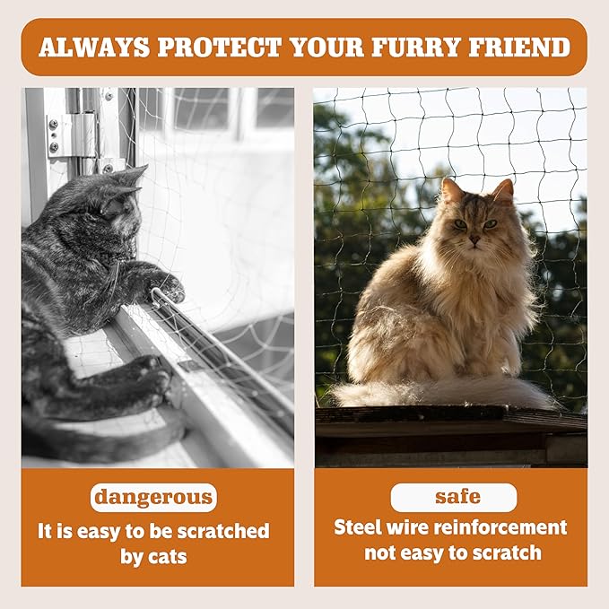 Cat Netting, Balcony Netting for Pets,Steel Wire Reinforced Balcony Screen for Pets, Anti-Fall Cat Net for Balcony and Windows,Stair, Patio（Black,10 * 26ft）