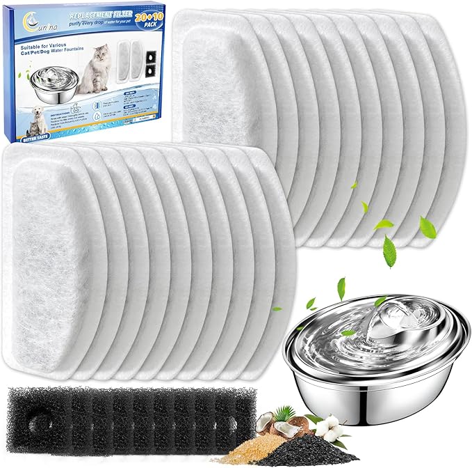 Cat Fountain Filter - 20 Pack & 10 Replacement, Compatible with ORSDA D30 67oz/2L Stainless Steel Pet Water Fountains with Three-Tier Resin Filtration System