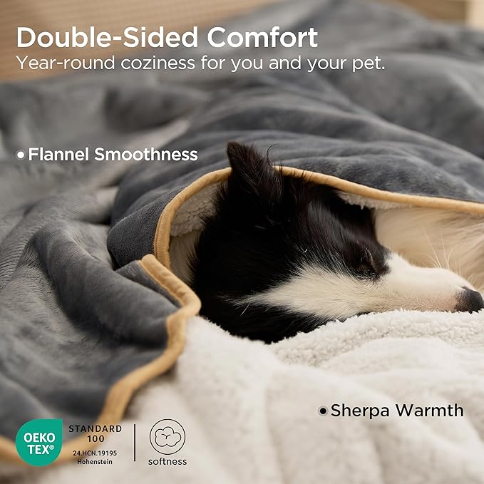 Bedsure Waterproof Dog Blankets for Extra Large Dogs - XL Cat Blanket Washable for Couch Protection, Sherpa Fleece Puppy Blanket, Soft Plush Reversible Throw Furniture Protector, 50x60, Grey